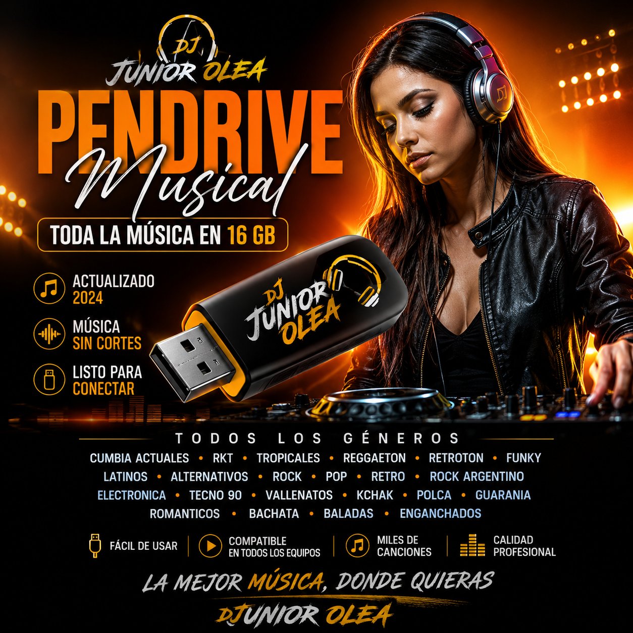 Pendrive Musical DJ Junior Olea, 16GB con toda la música actualizada